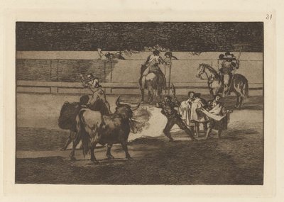 Fire Banderillas (Banderillas with Firecrackers), Plade 31 fra Tyrefægtning af Francisco de Goya