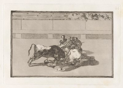 Fald af en picador fra hans hest under tyren (A Picador er unhorsed og falder under tyren), plade 26 fra La tauromaquia af Francisco de Goya