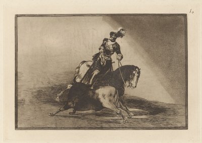 Carlos V. Spearing a Bull in the Plaza de Valladolid (Charles V. Spearing a Bull in the Ring at Valladolid), Plade 10 fra La tauromaquia af Francisco de Goya