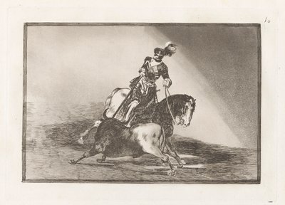 Carlos V. lanceando un toro en la plaza de Valladolid (Charles V spyder en tyr i ringen ved Valladolid), plade 10 fra La tauromaquia af Francisco de Goya