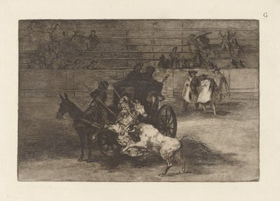 Kæmp i en vogn spændt til to muldyr, plade G fra La tauromaquia (tredje udgave) af Francisco de Goya