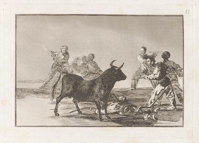 The Rabble Hamstring Tyren med lanser, segl, Banderillas og andre arme, plade 12 fra La tauromaquia af Francisco de Goya