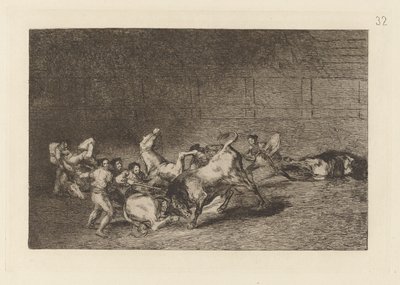 To hold af Picadors kastet efter hinanden af ​​en enkelt tyr, plade 32 fra La tauromaquia af Francisco de Goya