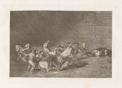 To hold af Picadors kastet efter hinanden af ​​en enkelt tyr, plade 32 fra La tauromaquia af Francisco de Goya