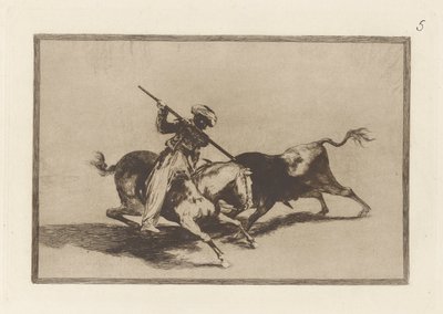 Den livlige Moro Gazul er den første til at lancere? tyre i orden (The Spirited Moor Gazul er den første til at spyd tyre ifølge reglerne), Plade 5 fra La tauromaquia af Francisco de Goya
