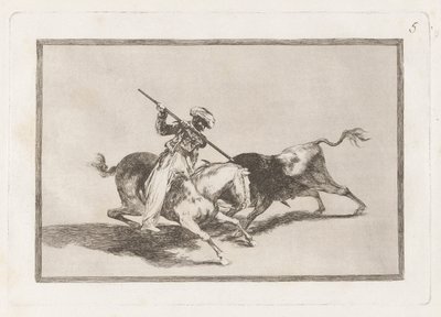 Er den livlige mauriske Gazul den første til at kaste? tyre i regel (The Spirited Moor Gazul er den første til at spyd tyre ifølge reglerne), plade 5 fra La tauromaquia af Francisco de Goya