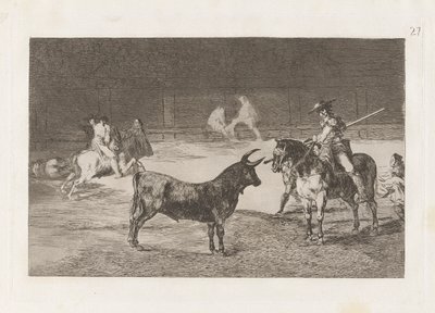 El c?lebre Fernando del Toro, barilarguero, tvinger udyret med sin stang (Den fejrede Picador, Fernando del Toro, tegner det voldsomme udyr på med sin piké), plade 27 fra La tauromaquia af Francisco de Goya