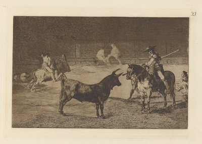 Den berømte Fernando del Toro, barilarguero, tvinger ? la Fiera con su garrocha (Den fejrede Picador, Fernando del Toro, tegner det voldsomme udyr på med sin pique), tallerken 27 fra La tauromaquia af Francisco de Goya