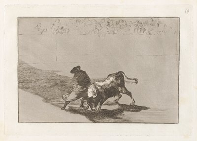 Den diestr?sm-elev af False, præget driller tyren med sine pauser (The Very Skilful Student of False, Wrapped in his Cape, Tricks the Bull with the Play of his Body), Plade 14 fra The Tauromachia af Francisco de Goya