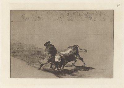 Den diestr?sm-elev af False, præget driller tyren med sine pauser (The Very Skilful Student of False, Wrapped in his Cape, Tricks the Bull with the Play of his Body), Plade 14 fra The Tauromachia af Francisco de Goya