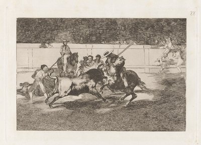 Den anstrengende Rendon, der bider en tyr, hvis skæbne døde han af? en la plaza de Madrid (Den kraftfulde Rendon stikker en Tyr med Piquén, hvorfra han døde i Ringen af ​​Madrid), Tavle 28 fra La tauromaquia af Francisco de Goya