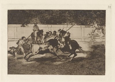 Den anstrengende Rendon, der bider en tyr, hvis skæbne døde han af? en la plaza de Madrid (Den kraftfulde Rendon stikker en Tyr med Piquén, hvorfra han døde i Ringen af ​​Madrid), Tavle 28 fra La tauromaquia af Francisco de Goya