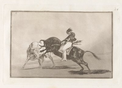 Den samme Ceballos monteret på en anden tyr knækker Rejones på Plaza de Madrid (Den samme Ceballos monteret på en anden tyr bryder korte spyd i ringen i Madrid), plade 24 fra La tauromaquia af Francisco de Goya
