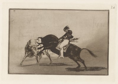 Den samme Ceballos monteret på en anden tyr knækker Rejones på Plaza de Madrid (Den samme Ceballos monteret på en anden tyr bryder korte spyd i ringen i Madrid), plade 24 fra La tauromaquia af Francisco de Goya