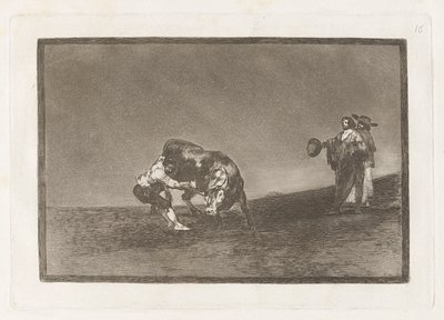 Han dumper selv en tyr på Madrids plaza (Den samme mand kaster en tyr i ringen ved Madrid), tavle 16 fra La tauromaquia af Francisco de Goya