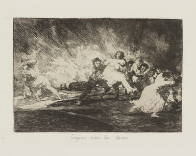 De flygter ind i flammerne. (De undslipper gennem flammerne.), pl. 41 fra serien The Disasters of War af Francisco de Goya