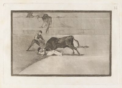 Pepe Illos uheldige død i ringen i Madrid (Pepe Illos uheldige død i ringen i Madrid), tavle 33 fra La tauromaquia af Francisco de Goya