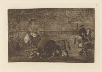 Hundene slipper løs på tyren, plade C fra La tauromaquia (tredje udgave) af Francisco de Goya
