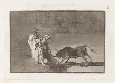 Maurerne laver endnu en capeo på pladsen med deres albornoz (maurerne laver et anderledes spil i ringen og kalder tyren med deres brændende), Plade 6 fra La tauromaquia af Francisco de Goya