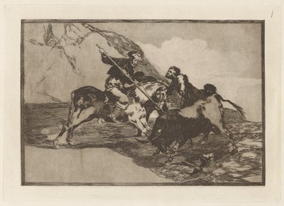 Hvordan jagtede de gamle spaniere tyrene? hest i marken (Måden hvorpå de gamle spaniere jagede tyre på hesteryg i det åbne land), tavle 1 fra La tauromaquia af Francisco de Goya
