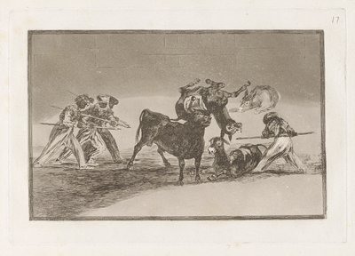 Palenque de los moros hecho con burros para defenderse del toro embolado (Maurerne bruger æsler som en barriere for at forsvare sig mod tyren, hvis horn er blevet tippet med bolde), plade 17 fra La tauromaquia af Francisco de Goya