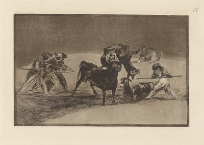 Palenque de los moros hecho con burros para defenderse del toro embolado (Maurerne bruger æsler som en barriere for at forsvare sig mod tyren, hvis horn er blevet tippet med bolde), plade 17 fra La tauromaquia af Francisco de Goya