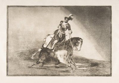Tavle 10 fra La Tauromaquia: Charles V spidder en tyr i ringen ved Valladolid, 1816. af Francisco de Goya