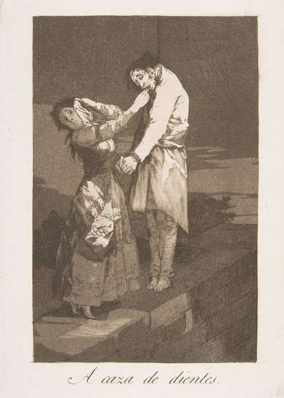 Tavle 12 fra Los Caprichos: Ud på jagt efter tænder A caza de dientes., 1799. af Francisco de Goya