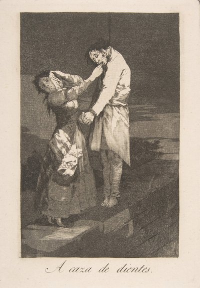 Tavle 12 fra Los Caprichos: Ud på jagt efter tænder A caza des dientes., 1799. af Francisco de Goya
