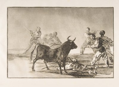 Plade 12 fra Tauromaquia: Folkemængden binder tyren baglår med lanser, segl, bånd..., 1816. af Francisco de Goya