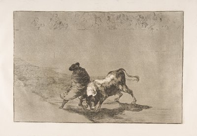 Plade 14 fra Tauromaquia: Den meget dygtige elev af Falces, svøbt i sin kappe..., 1816. af Francisco de Goya