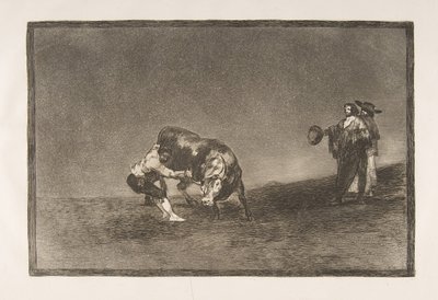 Tauromaquia-plade 16: Den samme mand kaster en tyr i ringen i Madrid, 1816. af Francisco de Goya