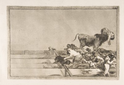 Plade 21 fra Tauromaquia: Forfærdelige begivenheder i de forreste rækker af ringen i Madrid a..., 1816. af Francisco de Goya