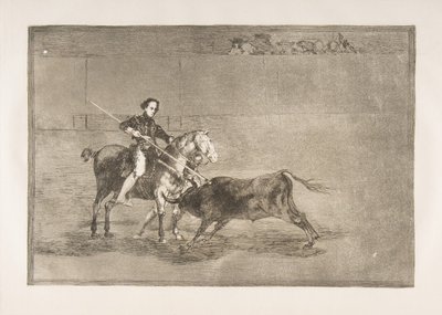 Plade 22 fra Tauromaquia: Den berømte Pajueleras mandlige mod i [ringen] ved..., 1816. af Francisco de Goya