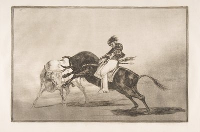 Tauromaquia-plade 24: Den samme Ceballos monteret på en anden tyr bryder kort spea..., 1816. af Francisco de Goya