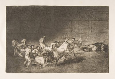 Plade 32 fra Tauromaquia: To hold picadorer kastet efter hinanden af en sang..., 1816. af Francisco de Goya