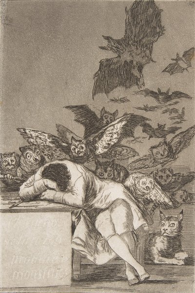 Plade 43 fra Los Caprichos: Fornuftens søvn frembringer monstre E..., 1799, udgivet 1908-12. af Francisco de Goya