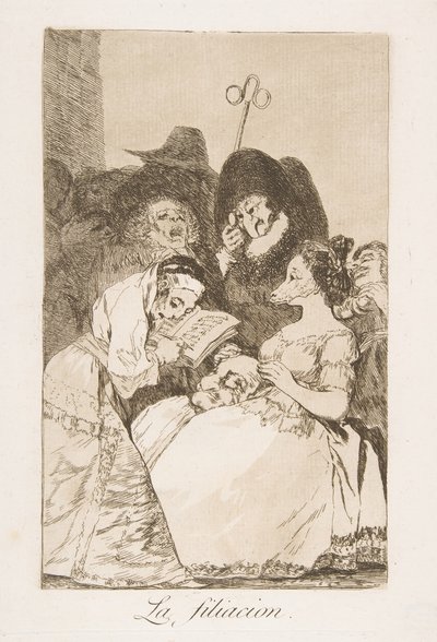 Plade 57 fra Los Caprichos: The filiation La filiacion., 1799. af Francisco de Goya