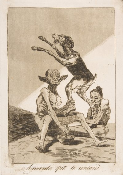 Plade 67 fra Los Caprichos: Vent til du er blevet salvet til Aguarda que te unten., 1799. af Francisco de Goya