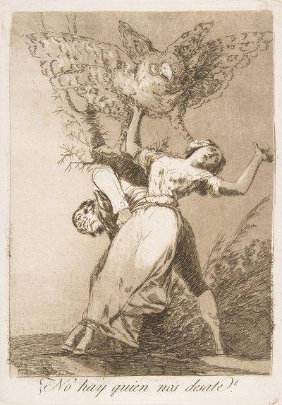 Tavle 75 fra Los Caprichos: Er der ingen, der kan løse os? Er der ingen, der kan løse os, 1799. af Francisco de Goya