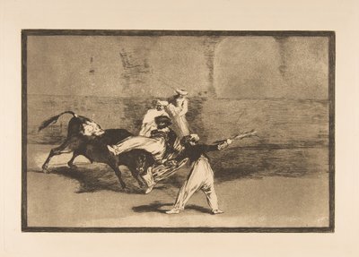 Plade 8 fra Tauromaquia: En hede fanget af tyren i ringen, ca. 1816. af Francisco de Goya