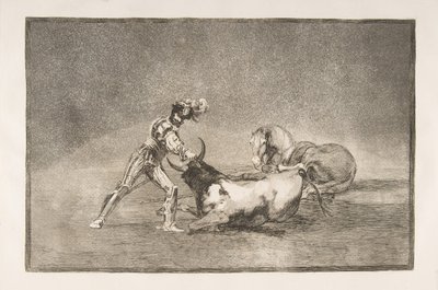 Tauromaquia-plade 9: En spansk ridder dræber tyren efter at have mistet sin hest., 1816. af Francisco de Goya