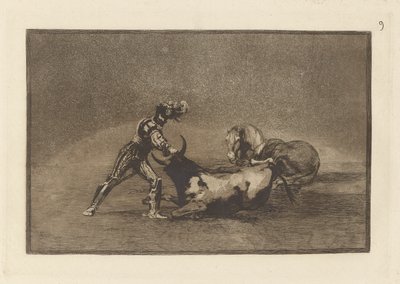 A Spanish Knight Kills the Bull after Having Lost His Horse (A Spanish Knight Kills the Bull after Having Lost his Horse), Plade 9 fra La tauromaquia af Francisco de Goya