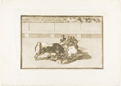 En Picador er unhorsed og falder under Tyren, plade 26 fra The Art of Tyrefighting af Francisco Jose de Goya y Lucientes