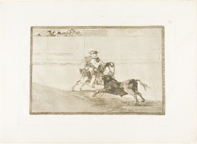 En spansk ridder i ringen brækker korte spyd uden hjælp fra assistenter, plade 13 fra The Art of Tyrefighting af Francisco Jose de Goya y Lucientes