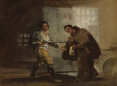 Broder Pedro tilbyder sko til El Maragato og gør sig klar til at skubbe hans pistol til side af Francisco Jose de Goya y Lucientes