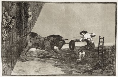 GOYA Y LUCIENTES, Francisco de (1746-1828). Martinchos (sandsynligvis Antonio Ebassum) vovemod i ringen ved Saragossa. 1816. (24,9 x 35,7 cm). Plade 18 af "Kunsten at tyrefægtning". Ætsning. SPANIEN. MADRID (AUTONOM FÆLLESSKAB). Madrid. Nationalbiblioteket af Francisco Jose de Goya y Lucientes