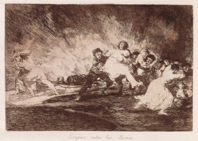 GOYA Y LUCIENTES, Francisco de (1746-1828). De flygter gennem flammerne. 1810-1812. (16,1 x 23,3 cm). Plade 47 af "The Disasters of War". Ætsning. SPANIEN. MADRID (AUTONOM FÆLLESSKAB). Madrid. Nationalbiblioteket af Francisco Jose de Goya y Lucientes