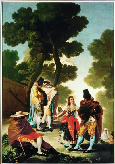 La maja y los Embozados - majaen og de kappeklædte mænd, tegneserie til billedtæppet 40-06-09/42 ... (maleri på lærred) af Francisco Jose de Goya y Lucientes