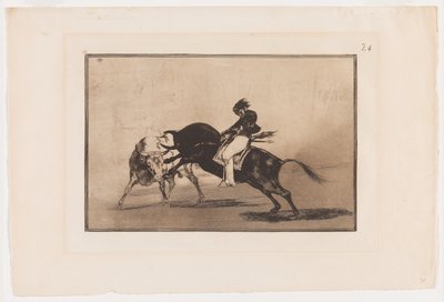 Tallerken 24 fra La Tauromaquia: The Same Ceballos monteret på Another Bull Breaks Korte spyd i ringen i Madrid af Francisco Jose de Goya y Lucientes
